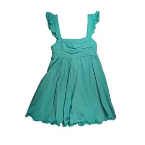 Hello Molly Mini Dress Womens S Green Linen Blend Ruffle Strap Pom Pom Trim